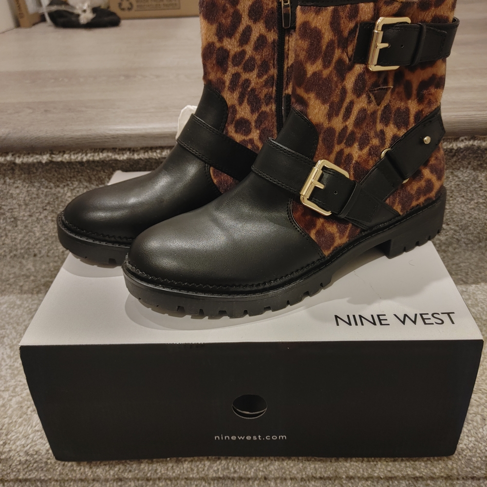 Nine West Black and Animal Print Motorcycle Boots